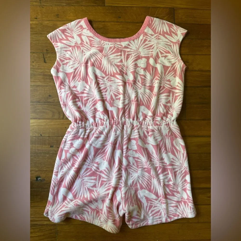 LANDS END Girls XL 14-16 pink and white terry cloth romper